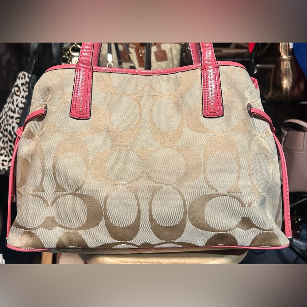 2013 Coach Pink Signature Stripe Carryall Tote Satchel Bag w/ Duel Hangtags - Picture 3 of 15